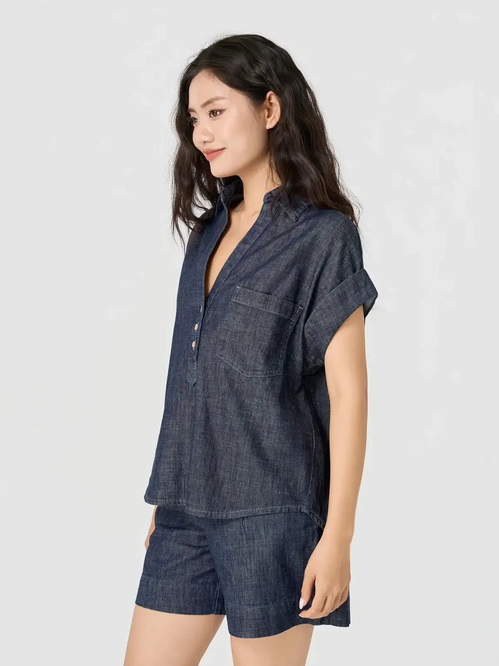 Áo Sơ Mi Jeans Giấy Tay Cộc Kẹp Gấu - Ảnh 3