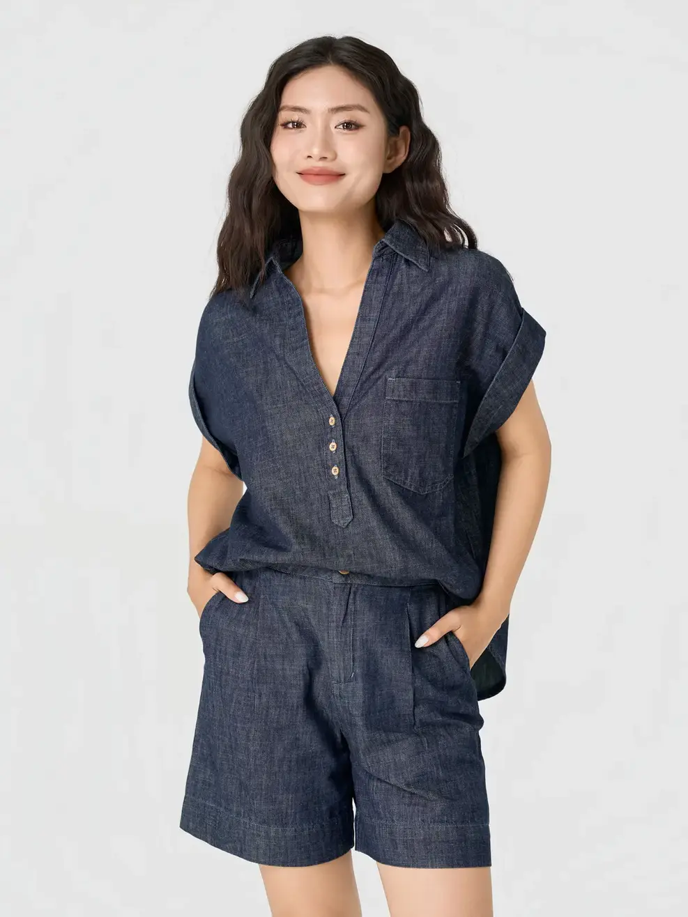 Áo Sơ Mi Jeans Giấy Tay Cộc Kẹp Gấu