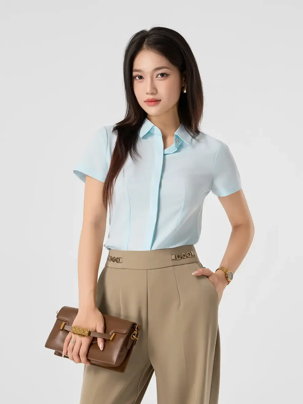 Áo sơ mi nữ polyester nano solid cộc tay cơ bản