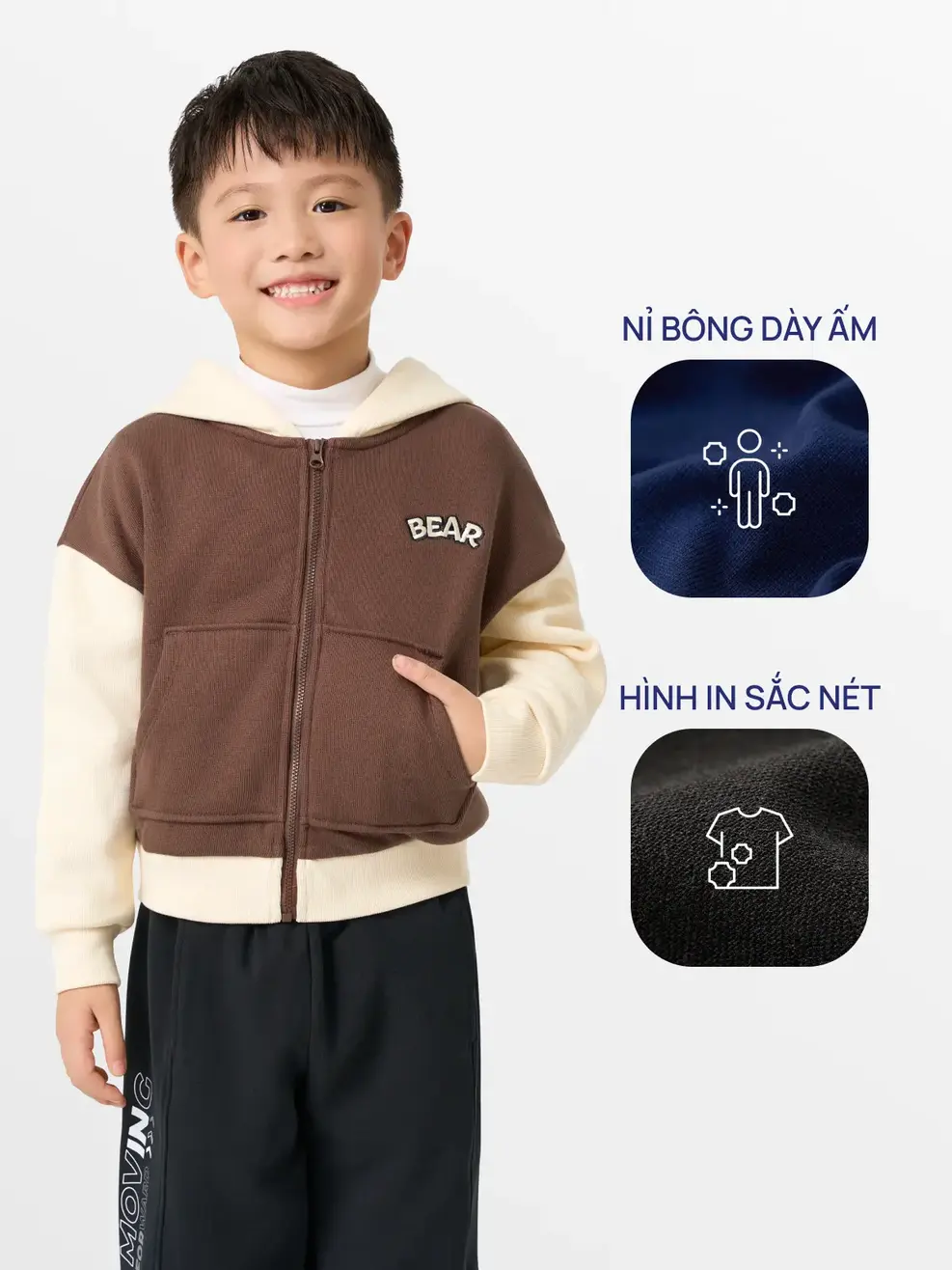 Áo Nỉ Trẻ Em Mũ Kéo Khoá Bear